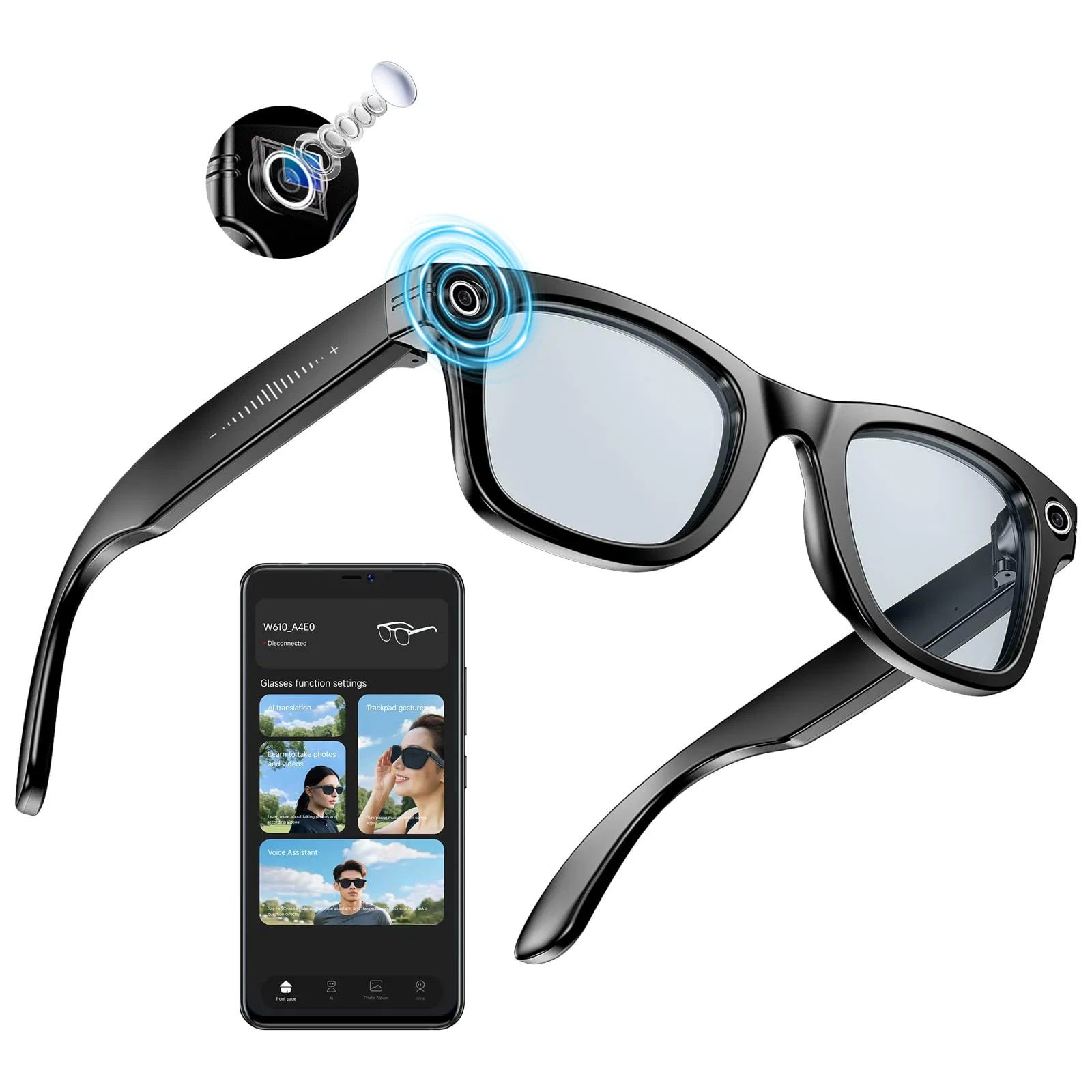 Smart Ai Glasses 4K Camera with 270mAh Blue Light Glasses Dual-Mic Noise Smart Bluetooth Camera Glasses