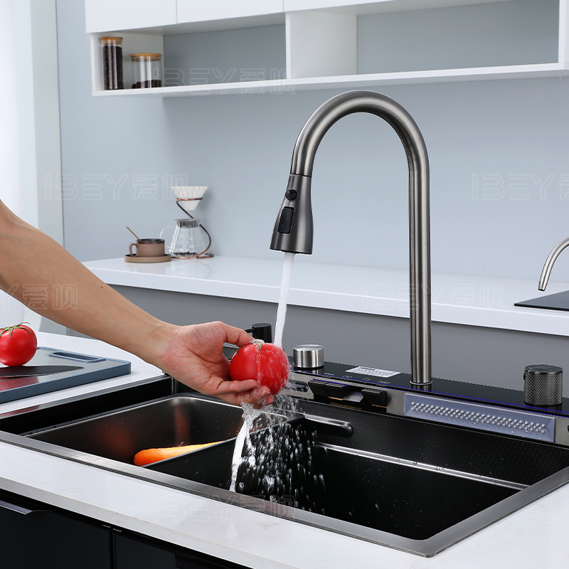Modern Multi Function Stainless Steel Nano-Coating Kitchen Sink with Waterfall Faucet