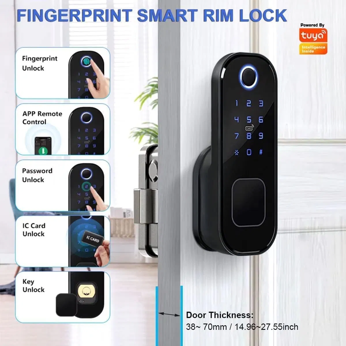 Fingerprint Pin Keyless Door Lock with Keypads Tuya APP, Electronic Digital Deadbolt Smart Lock for Front Door, Suitable for Wooden Security Garden Doors