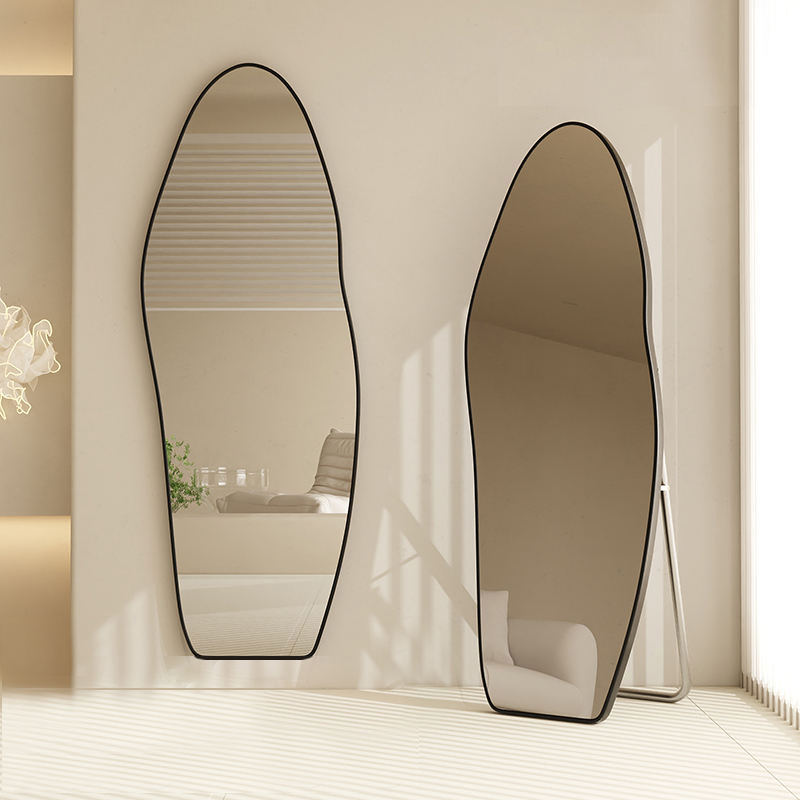 5mm Framed Wave Mirror - Large Asymmetric Wooden Dressing Mirror for Wall & Floor Handmade Irregular Wavy Design Full Body Standing Mirror
