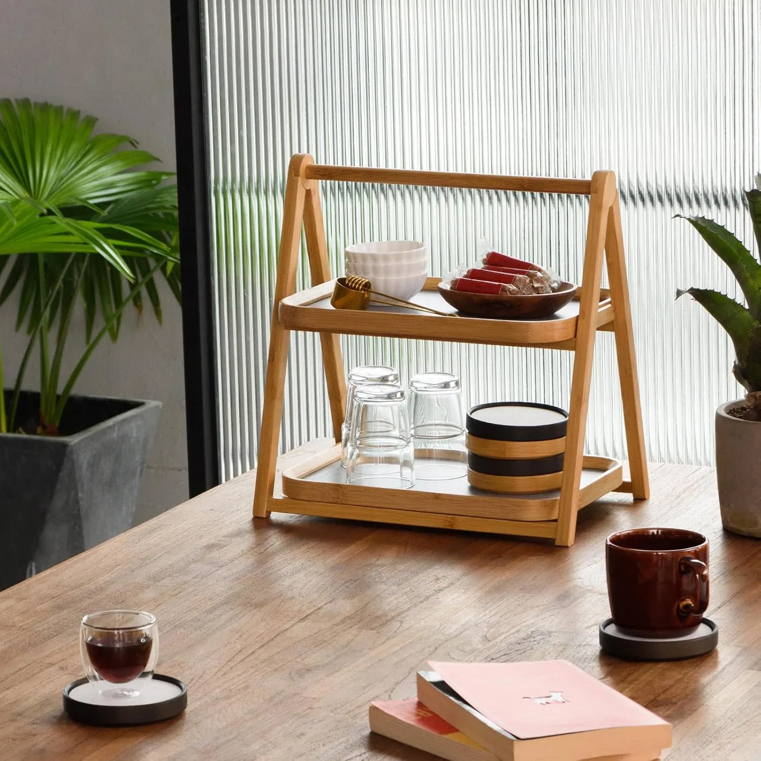 Bamboo Creative Double-Layer Pastry, Water Cup, Snack Display Rack, Storage Rack