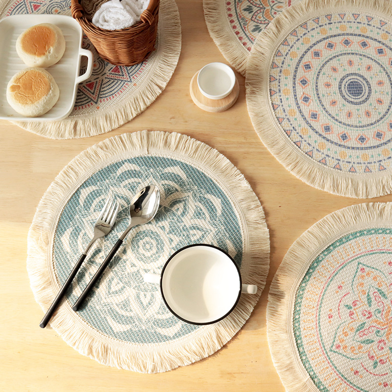 Boho Cotton Woven Macrame Tassels Table Mats Washable Heat Resistant Neutral Place Mat for Dining Room Kitchen Table Decor