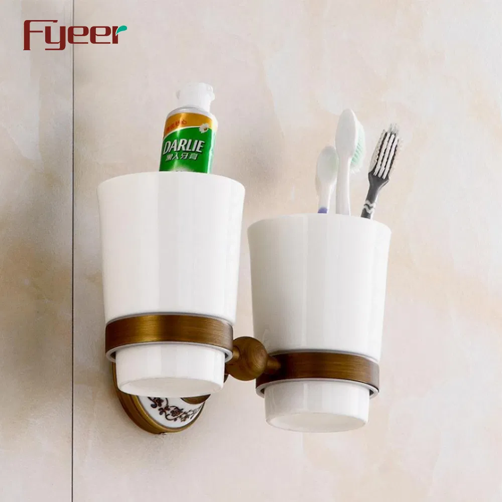 Fyeer Antique Brass Double Tooth Brush Holder with Ceramic Base