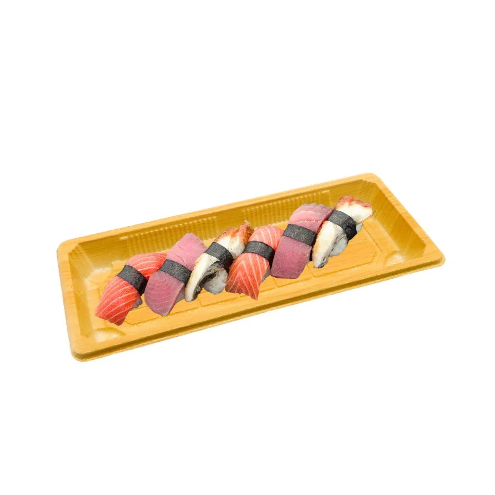 Manluen Food Grade Disposable Takeaway Plastic Boxes Sashimi Salmon Food Packaging Wooden Printing Sushi Container