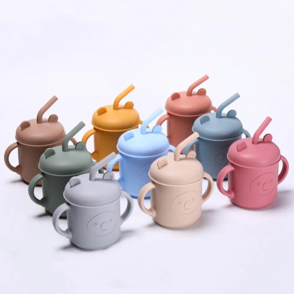 Silicone Cups for Baby Drinking Training Mini Adorable Cup with 2 Hands and Straw Baby Cups