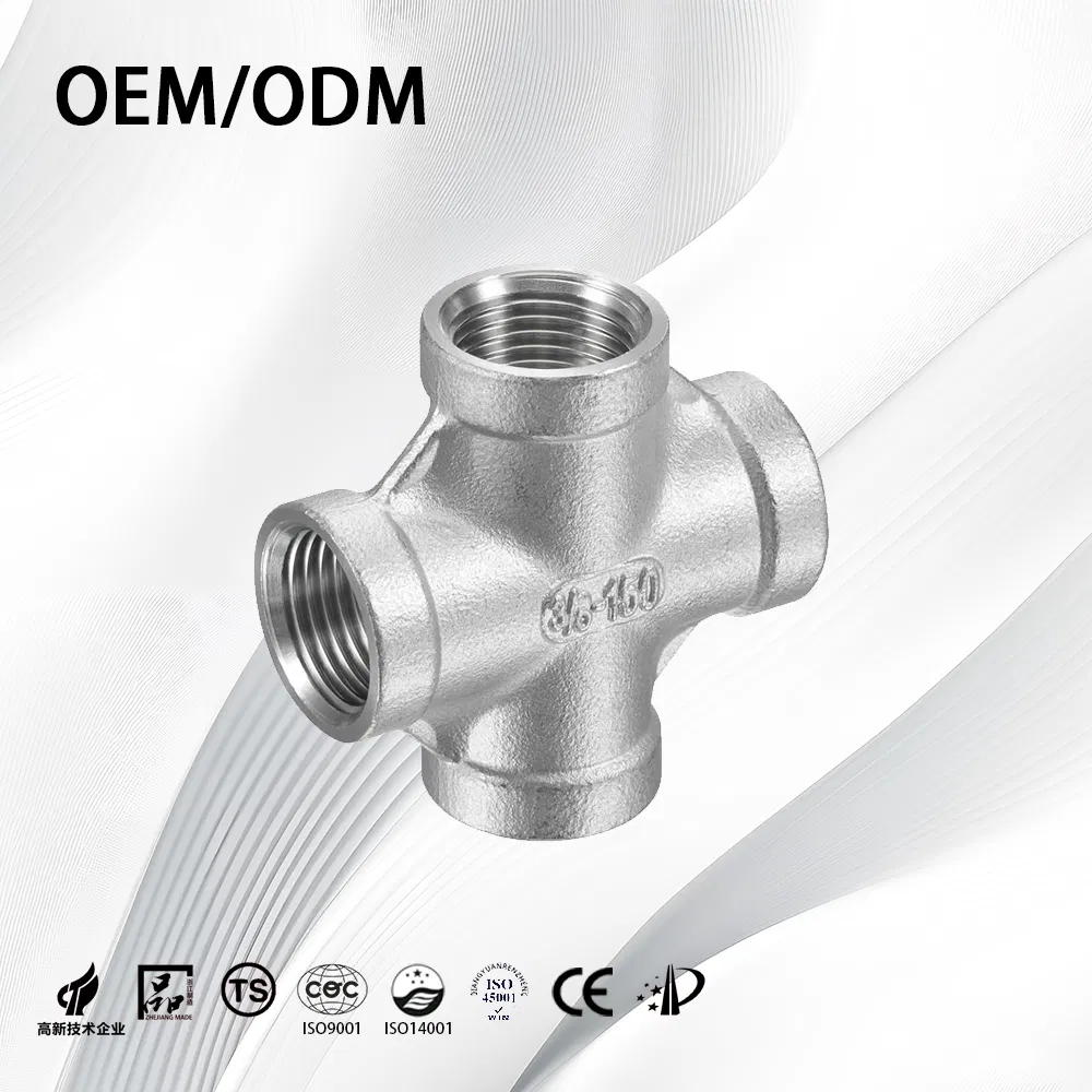 SS304/SS316L ASME B16.9 Customize Durable Seamless Thick-Walled NPT/Bsp Equal Cross with Sandblasting
