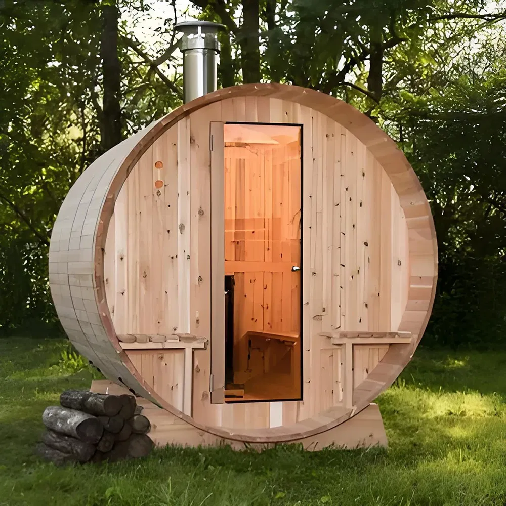Luxurious Barrel Sauna with Wood Burning Stove for Home Enjoyment
