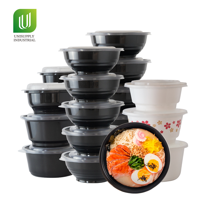Unisupply Custom Black Plastic Bowl Plastic Plates Bowls Set for Takeaway Food