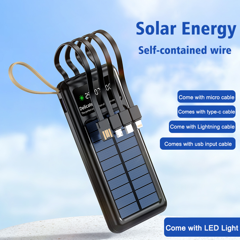 Solar Power Bank Come with Detachable Micro/Type-C/Lightning/USB Four - Cable HD Display Power Bank Wholesale