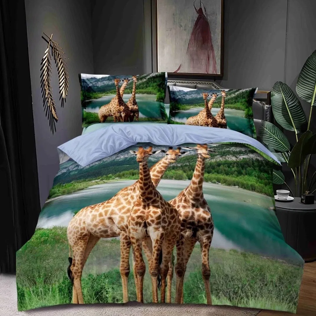 3D Digital Printed Bed Comforter Cover Set with Fitted Sheet and 2 Pillowcases