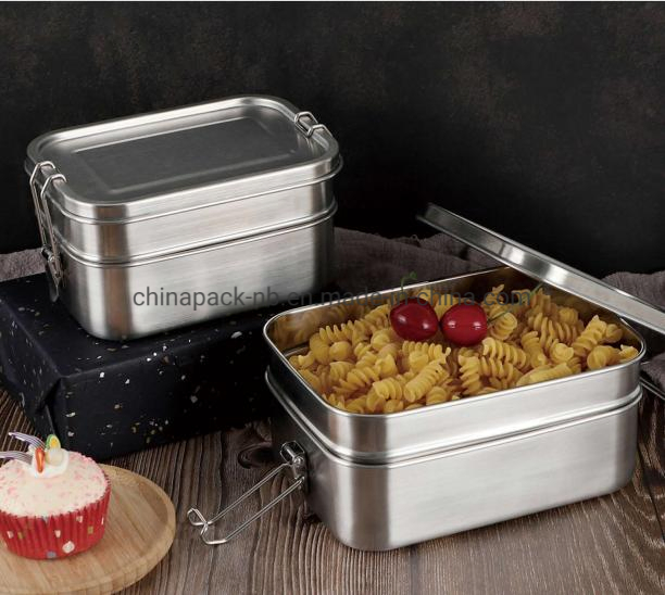 Stainless Steel 304 Rectangular Lunch Box Two-Layers Handheld Leak-Proof Bento Box