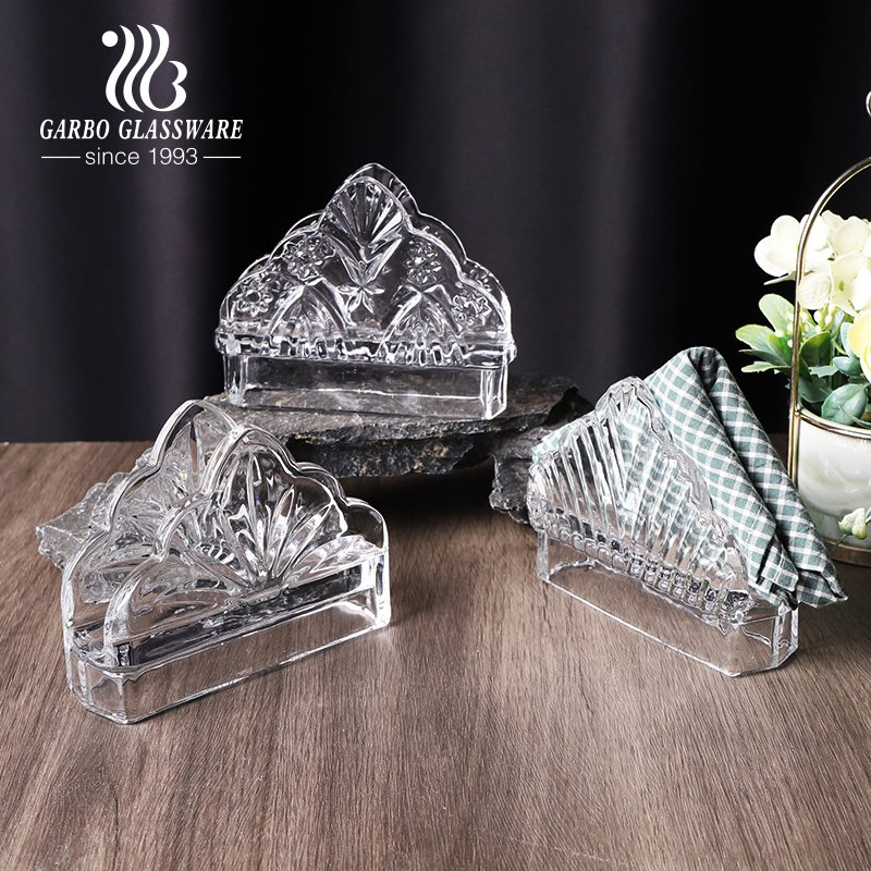 Promotion 5" Vintage Triangle Embossed Crystal Clear Glass Napkin Holder for Guest