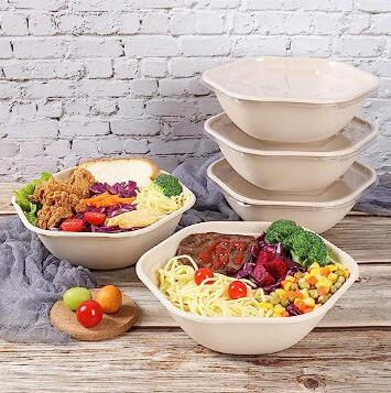 Hexagon Disposable Bowls with Lids Sugarcane Fiber Biodegradable Paper Salad Bowls Take Away Food Containers
