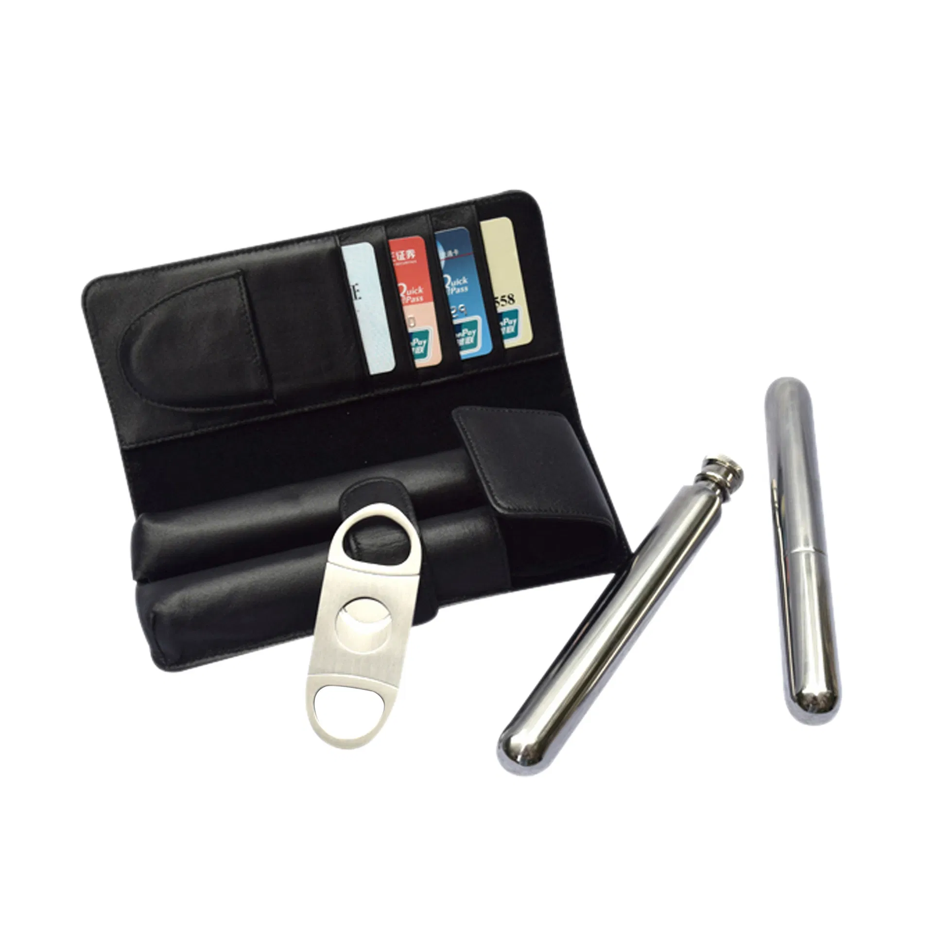 Custom Brand Genuine Cowhide Leather Hunidor Pouch with Stainless Steel Tube