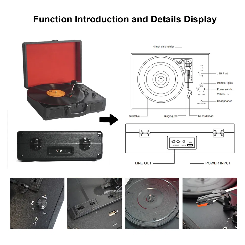 in Stock Wholesale Portable Suitcase Turntable Record Player Built in Bluetooth Hi-Fi Speakers Gramophone Vinyl Record Player