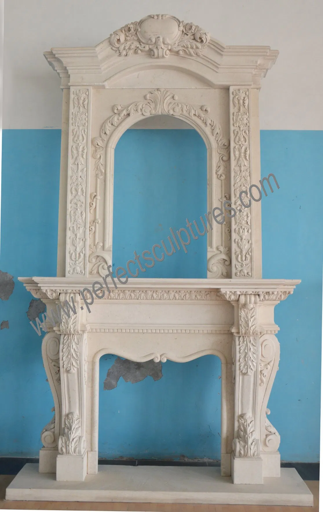 Carved Mix Color Stone Marble Fireplace with Double Over Mantel (QY-LS208)