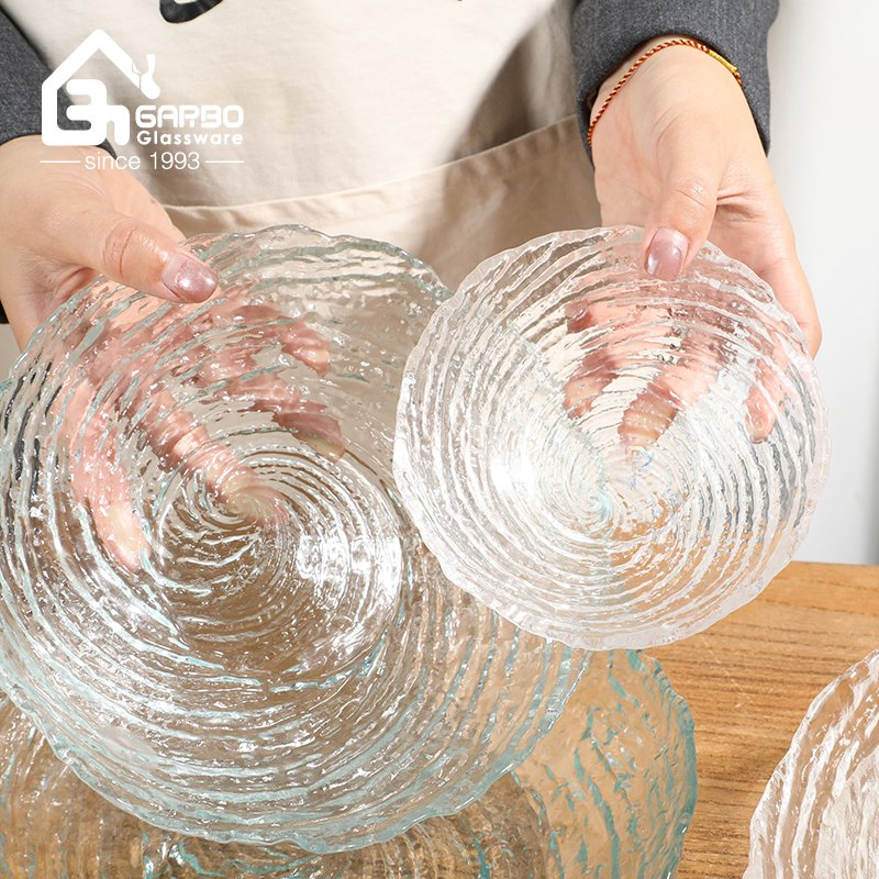 Glass Fruit Plate in Transparent 8 Inch Color Salad Fruit Candy Serving Plate with Water Wave Pattern