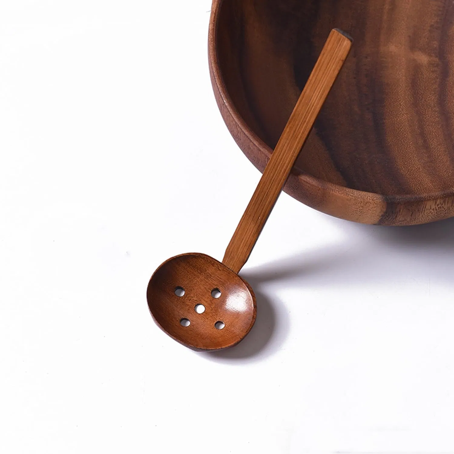 Dark Brown Wooden Long Handled Slotted Spoon