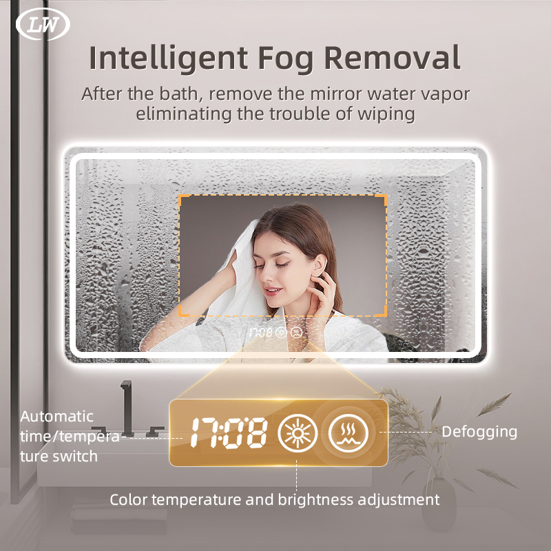 Wall-Mounted Frame-Less Intelligent Touch Sensor Defogged Bathroom Decoration Rectangle LED Mirror with Bluetooth MP3 Player Adjustable Modern Furniture