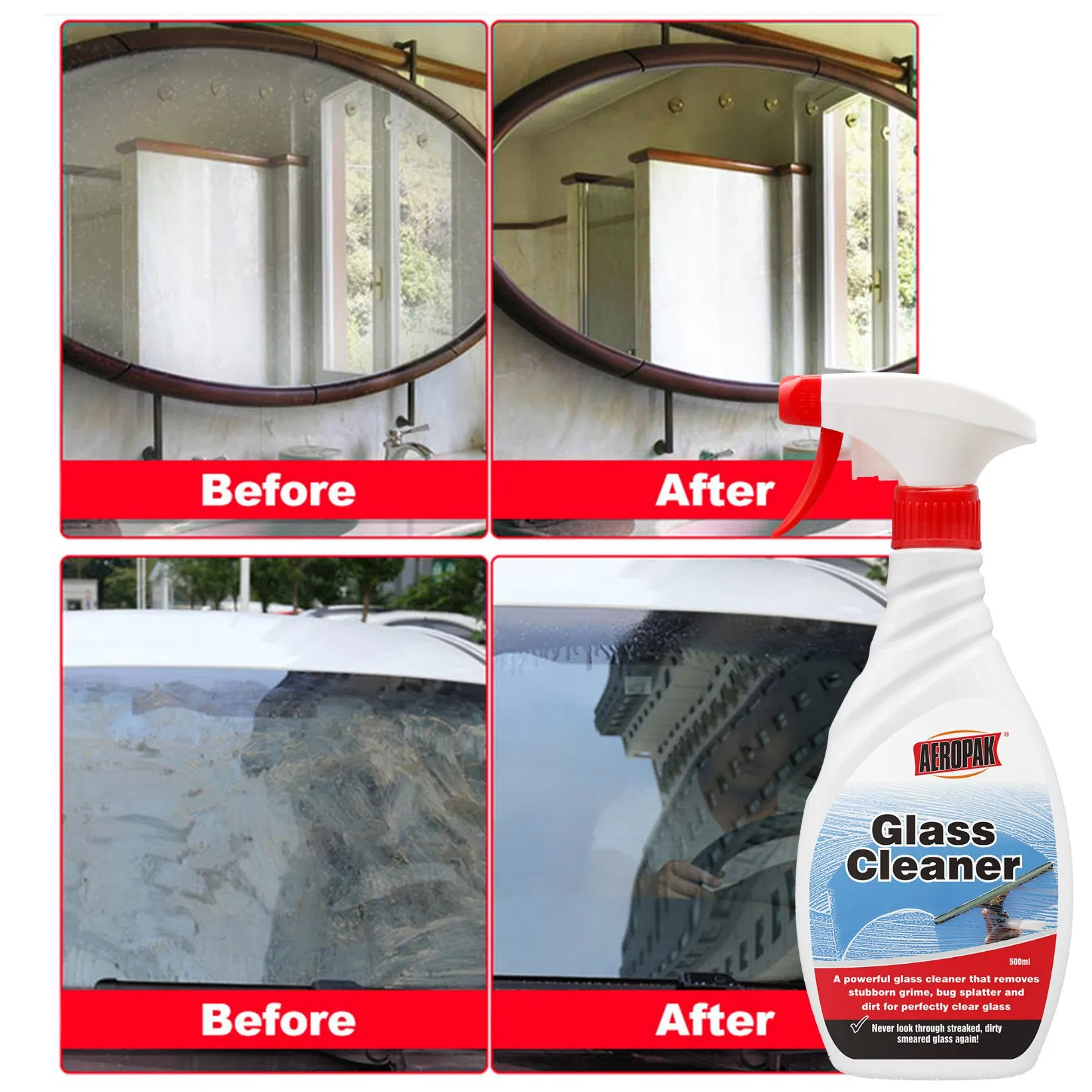 Aeropak 500ml Bottle Quick-Drying Household Liquid Agent Glass Specific Cleaner Spray for Mirror Window Windshield