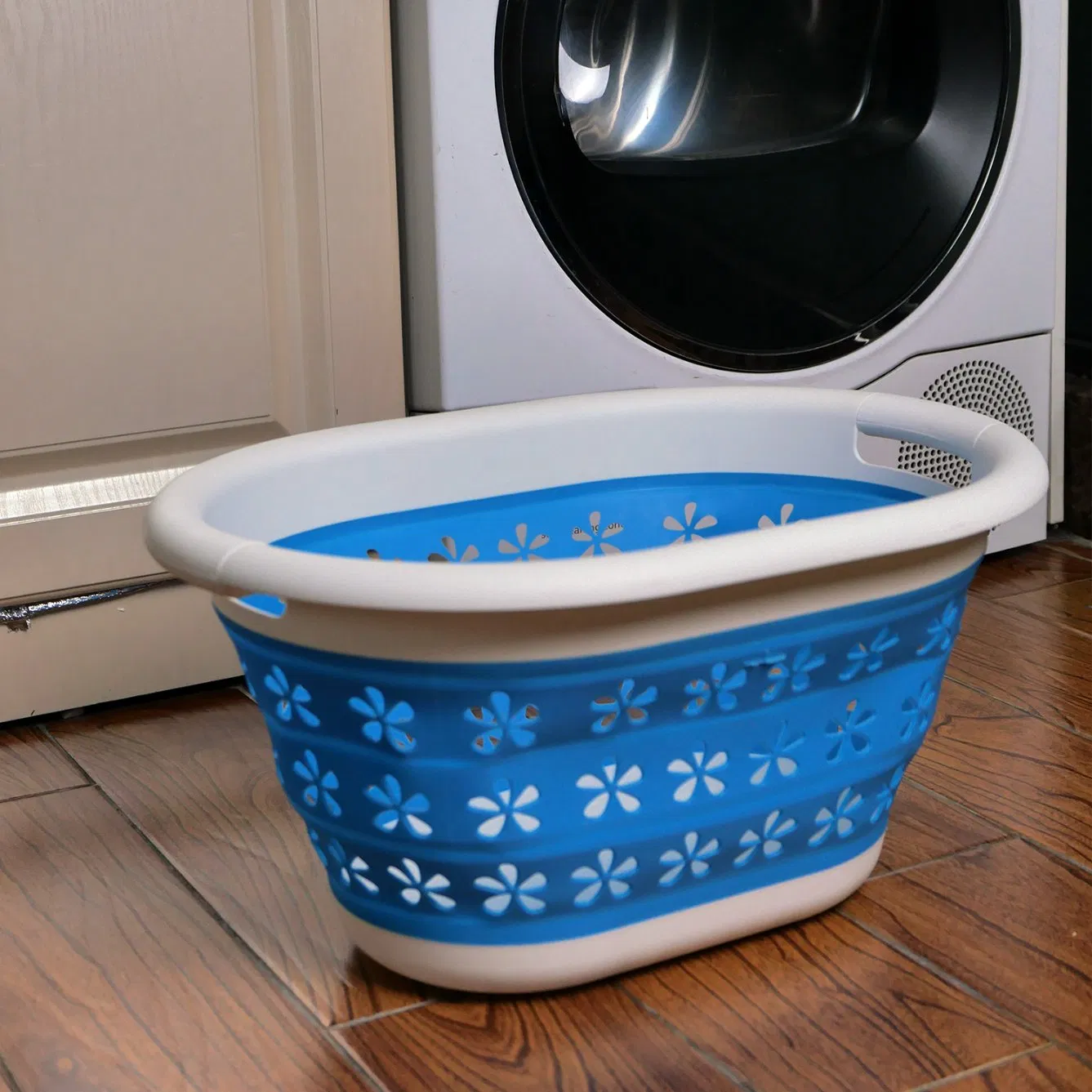 Blue Collapsible Plastic Laundry Basket Silicone, Space Saving Storage Container Toys Organizer