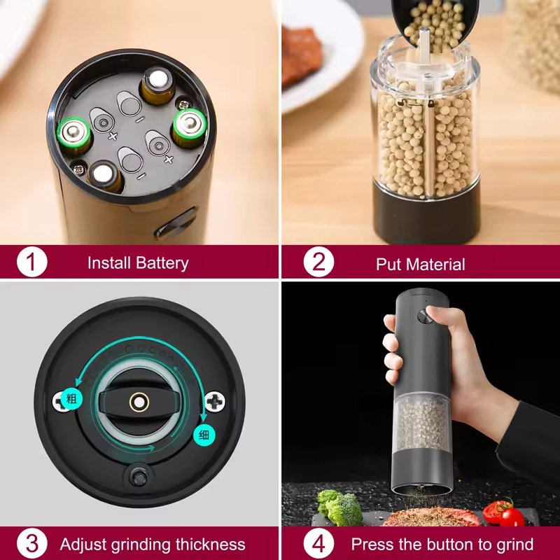 Electric Salt and Pepper 2 Grinder Set with Base Adjustable Coarseness, LED Light, Refillable Automatic Spice Mill