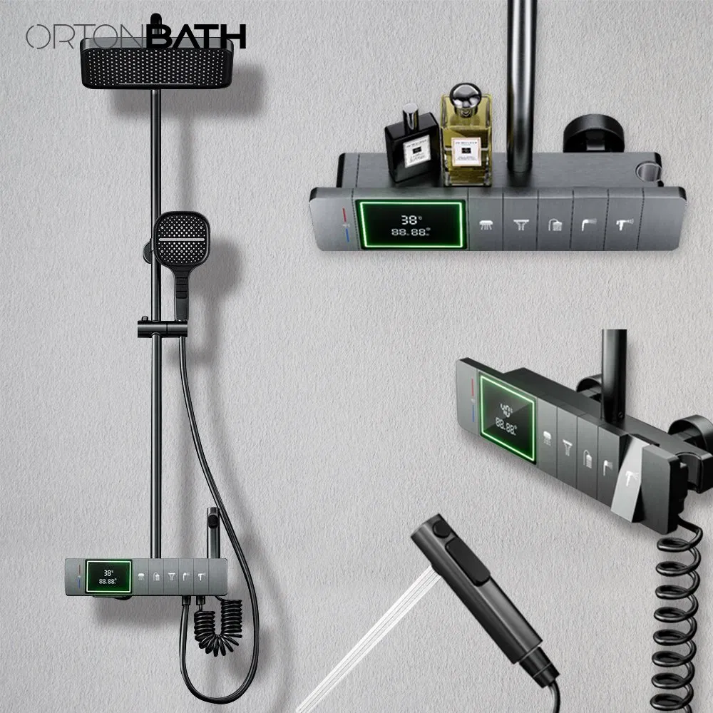 Ortonbath 4 Function Piano Key LED Digital Shower Combo Set with and Bidet Sprayers Wall Mounted Hot and Cold Mixed Shower System