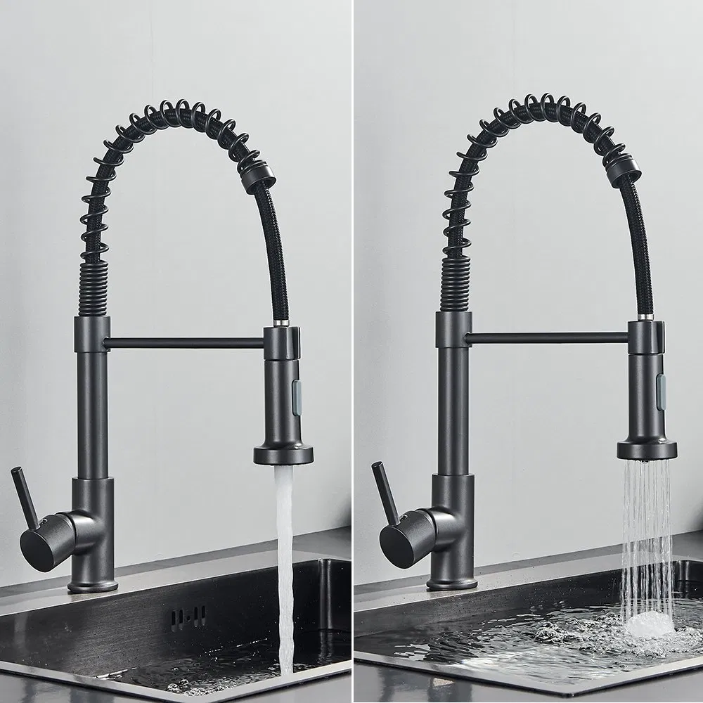 Sanipro Flexible Cold Hot Mixer Sink Tap SUS304 Stainless Steel Black 360 Rotation Spring Kitchen Faucet with Pull Down Sprayer
