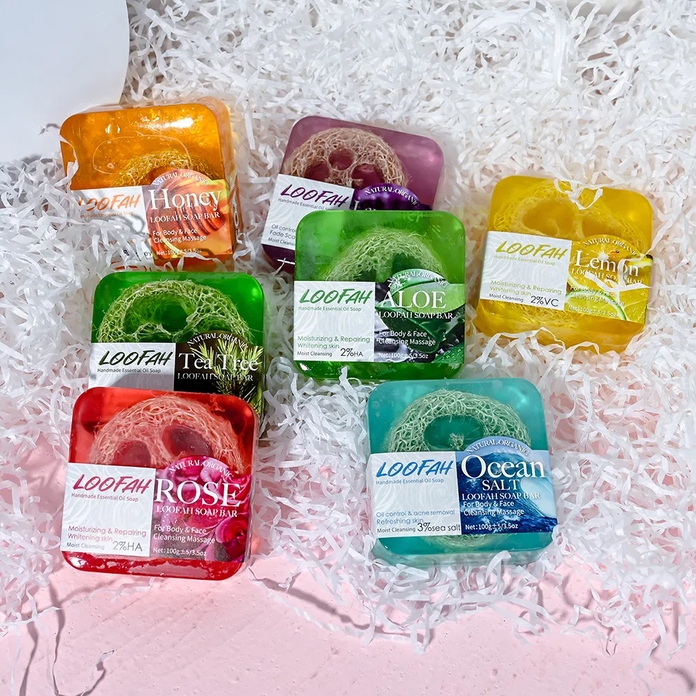 Organic Whitening Lightening Loofah Handmade Essential Oil Soap Bar for Face Cleaning