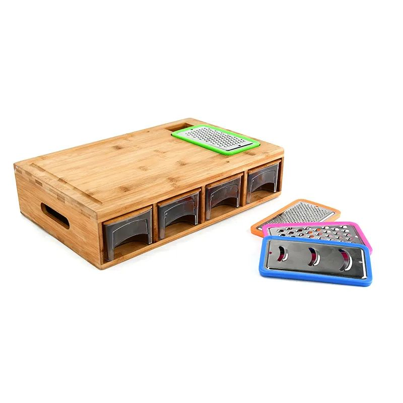 All in One Mandalin Bamboo Storage Chopping Cutting Tidy Board with 4 Containers Drip Tray and Vegetable Grater Drawer Slicer