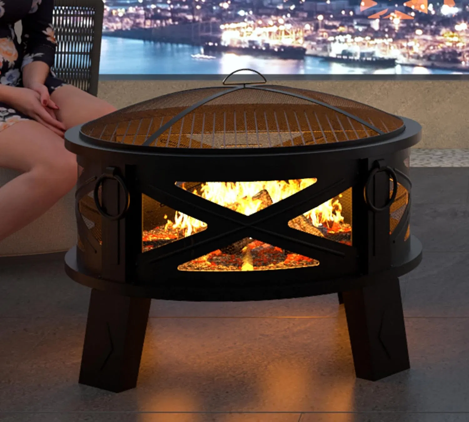 Outdoor Steel Fire Pit with Grill Grate&Spark Screen