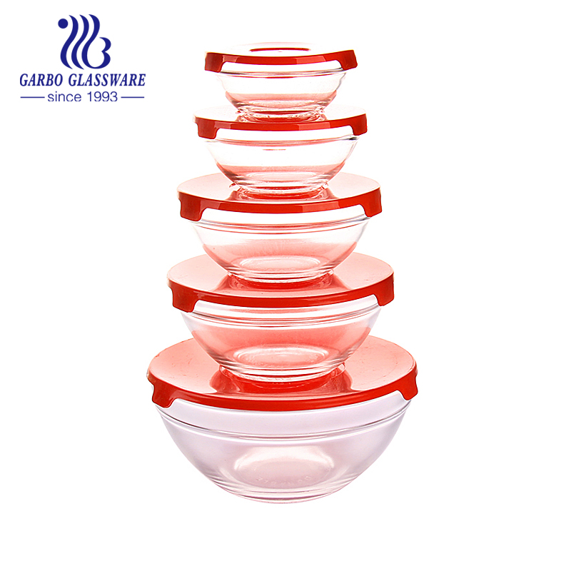 Colored 5PCS Glass Salad Bowl Set with Plastic Lids for Kitchenware Using with High Quality Tableware (GB1401-P) 5PCS Glass Bowl Set