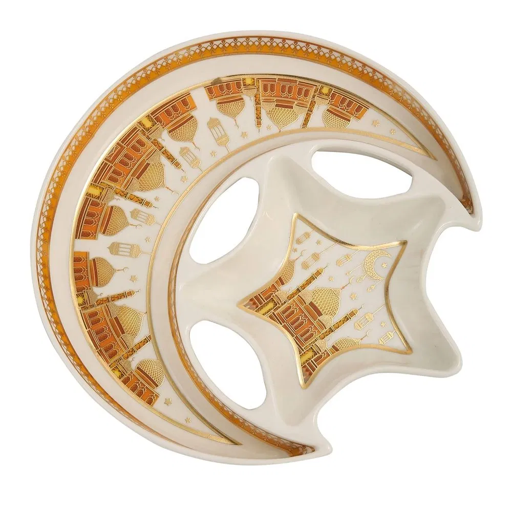 Ceramic Star Moon Shaped Serving Tray Eid Ramadan Plate, Dish Ramadan Kareem Decoration Tray Eid Mubarak Dessert Tray