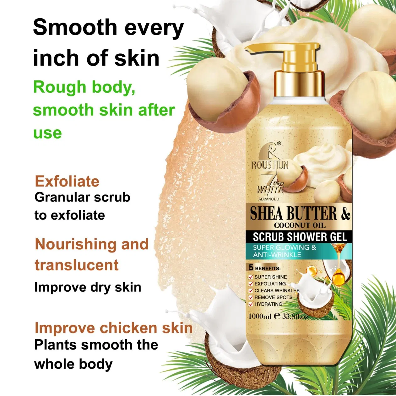 Roushun Shea Butter Nourishing Deep Cleansing Remove Acne Mites Fruity Scented Shower Gel for Smooth Body