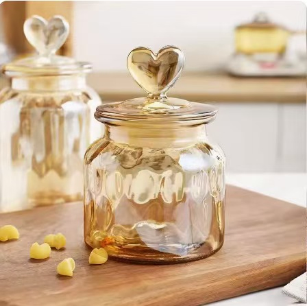 650ml 950ml 1350ml Electroplate Amber Color Glass Storage Jar with Heart Lid