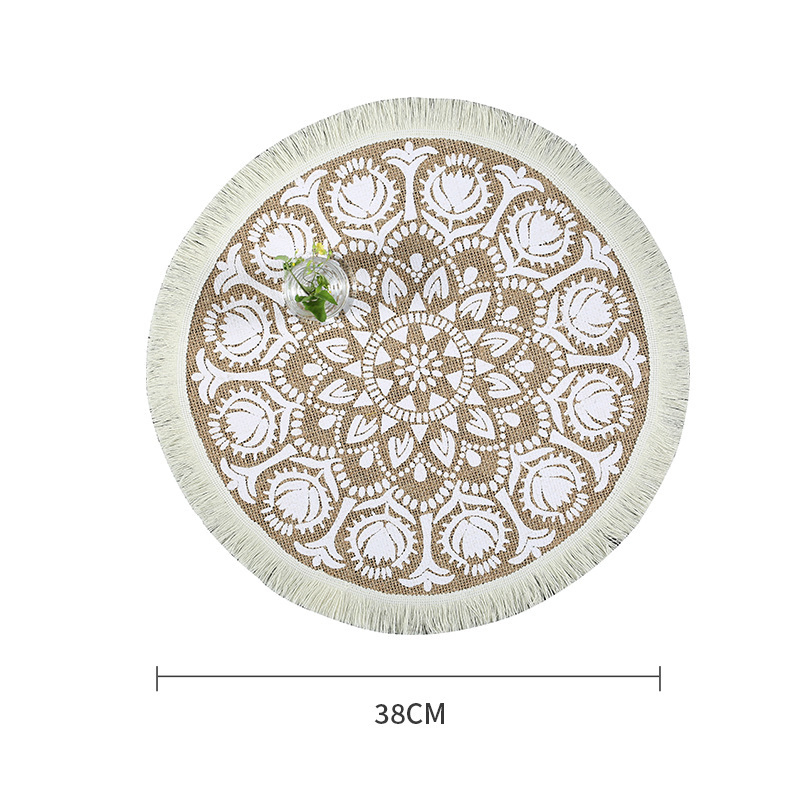 Fringed-Decorated Round Placemat, Eco-Friendly Natural-Colored Jute Vintage Screen Printing Pad