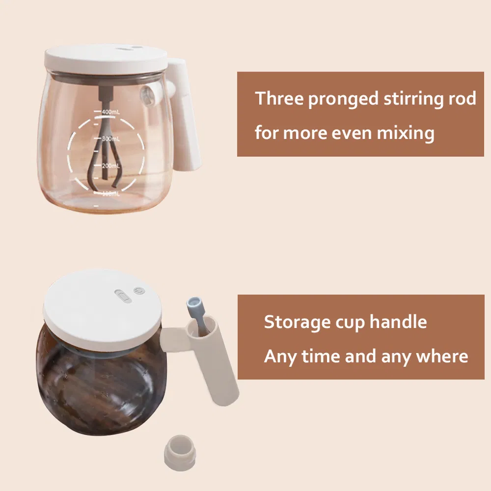 Automatic 400ml Self Stirring Waterproof Free Hand Coffee Mug Electric High Speed FDA Food Lever Mixing Cup with Seal Lid and High Borosilicate Glass