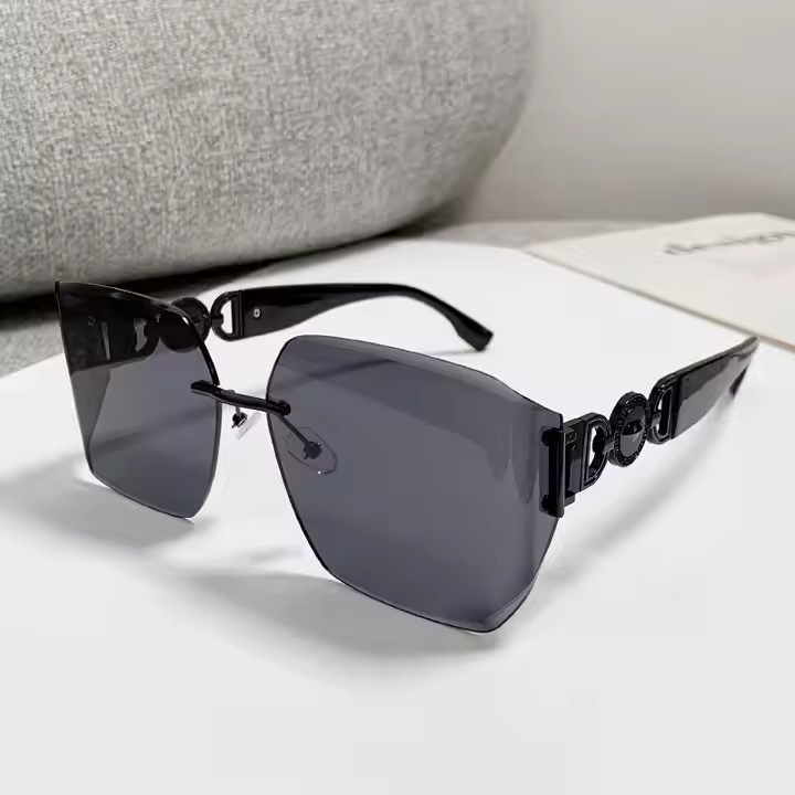 New Designer Unique Curved Lens Rimless Sunglasses Women for Men Sun Glasses Popular Diamond Pattern Decoration Big Shades