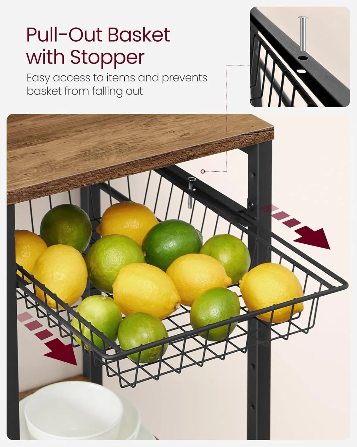 Kitchen Storage Rack, Metal and Wood Panel, Large Capacity Metal Basket, Suitable for Kitchens