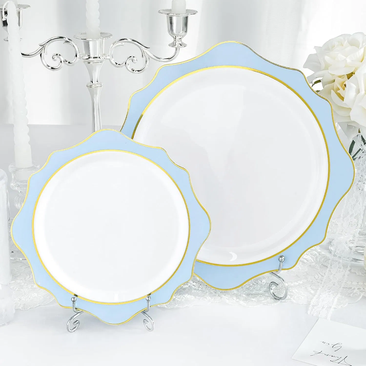 White and Blue Disposable Plates Scalloped Flowers Plastic Plates