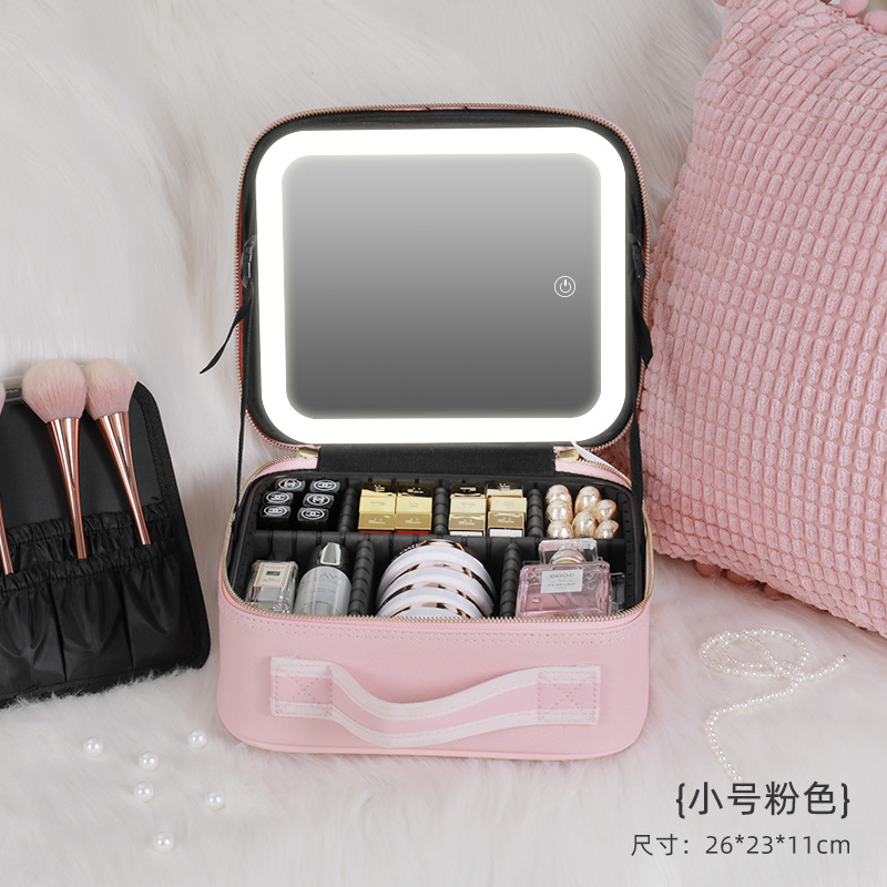 Portable Female Large Capacity Travel Tote Cosmetic Storage Bag with LED Mirror