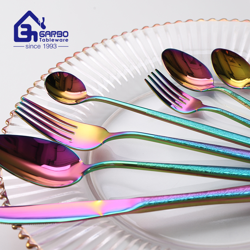 High-Quality Mirror Polish Rainbow Colored Stainless Steel Flatware Set Cutlery Set Knife Spoon Fork with Customized laser Pattern for Supermarket Online Shop