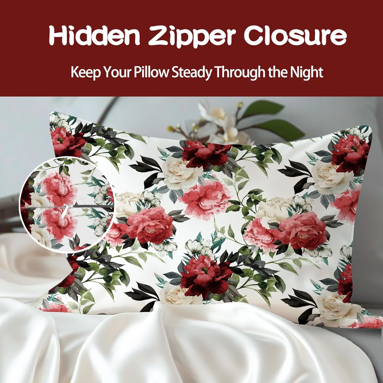 Flower Print Satin Pillowcases with Zipper
