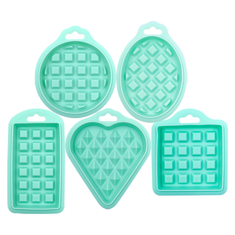 Green Style Food-Grade Silicone Kitchen Cake Baking Mold Five-Piece Waffle Mold, Round, Heart Mold