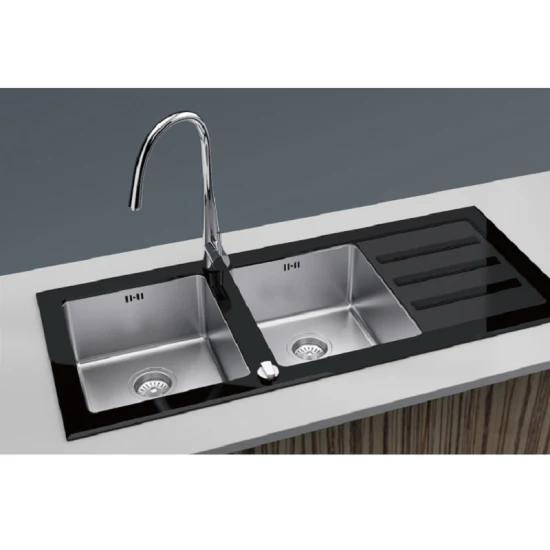 Commercial Double Basin Black Explosion-Proof Glass Handmade Steel Sink, Square Drain with Cover Kitchen Sink