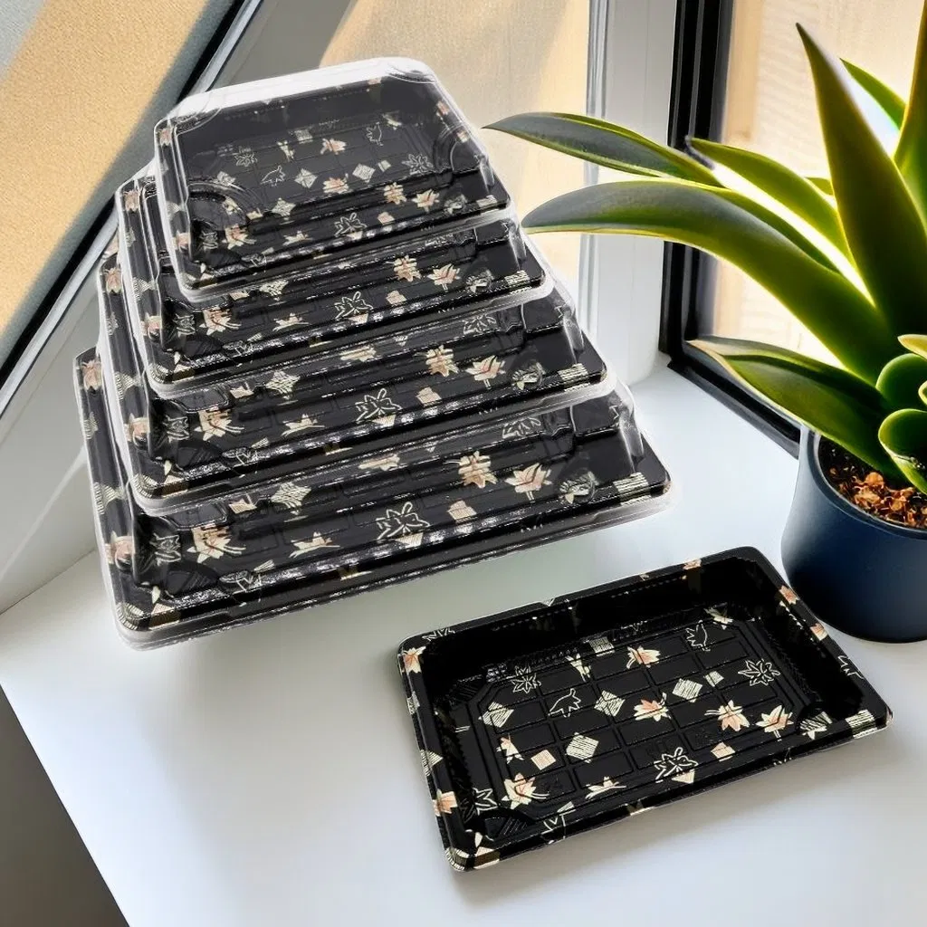 Health and Safety New Arrival Japanese Style Disposable Sushi Food Packaging Food Grade Plastic Desserts Food Container Rectangle Sushi Tray