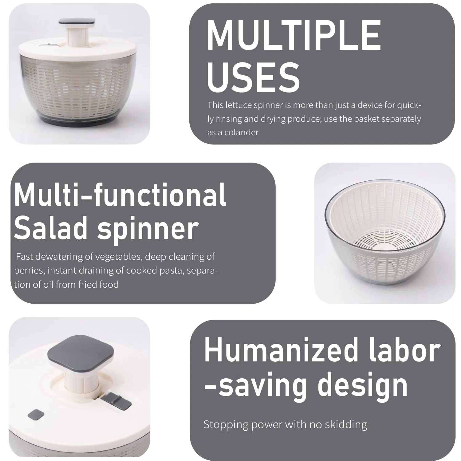 Professional Gray Pump Salad Spinner with Storage Lid High-Efficiency Manual Dryer