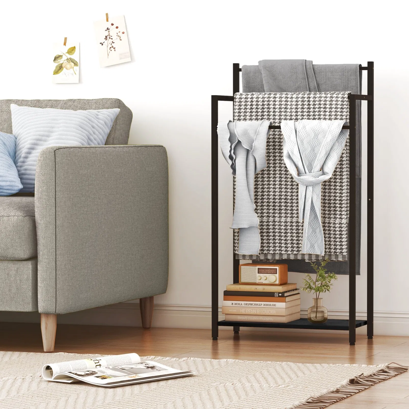 3 Tier Wooden Metal Freestanding Towel Stand Blanket Ladder Shelf for Bathroom Living Room