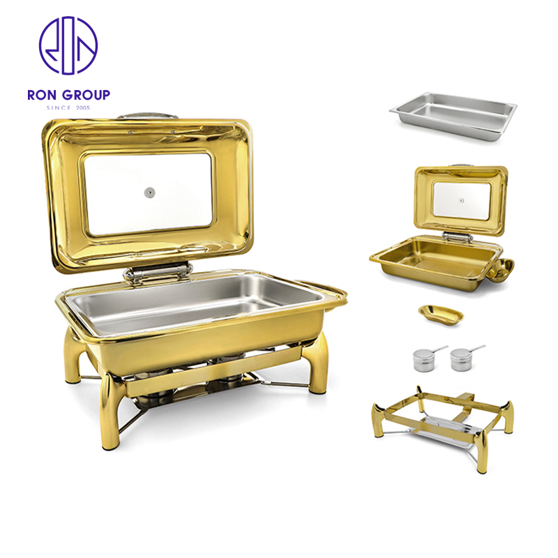 Factory Price Buffet Stove Hydraulic Pressure All Gold Rectangle Food Warmer Electric Ues Fuel Use Chafing Dish