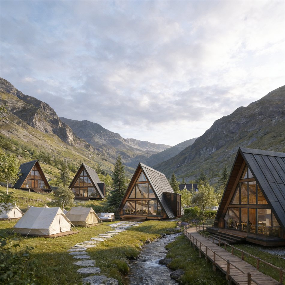 Maison En Bois Portable a Frame Cabin Prefab Villa, Steel Structure, Wood-Like Panels, Detachable Design, Customizable 20FT to 40FT for Projects